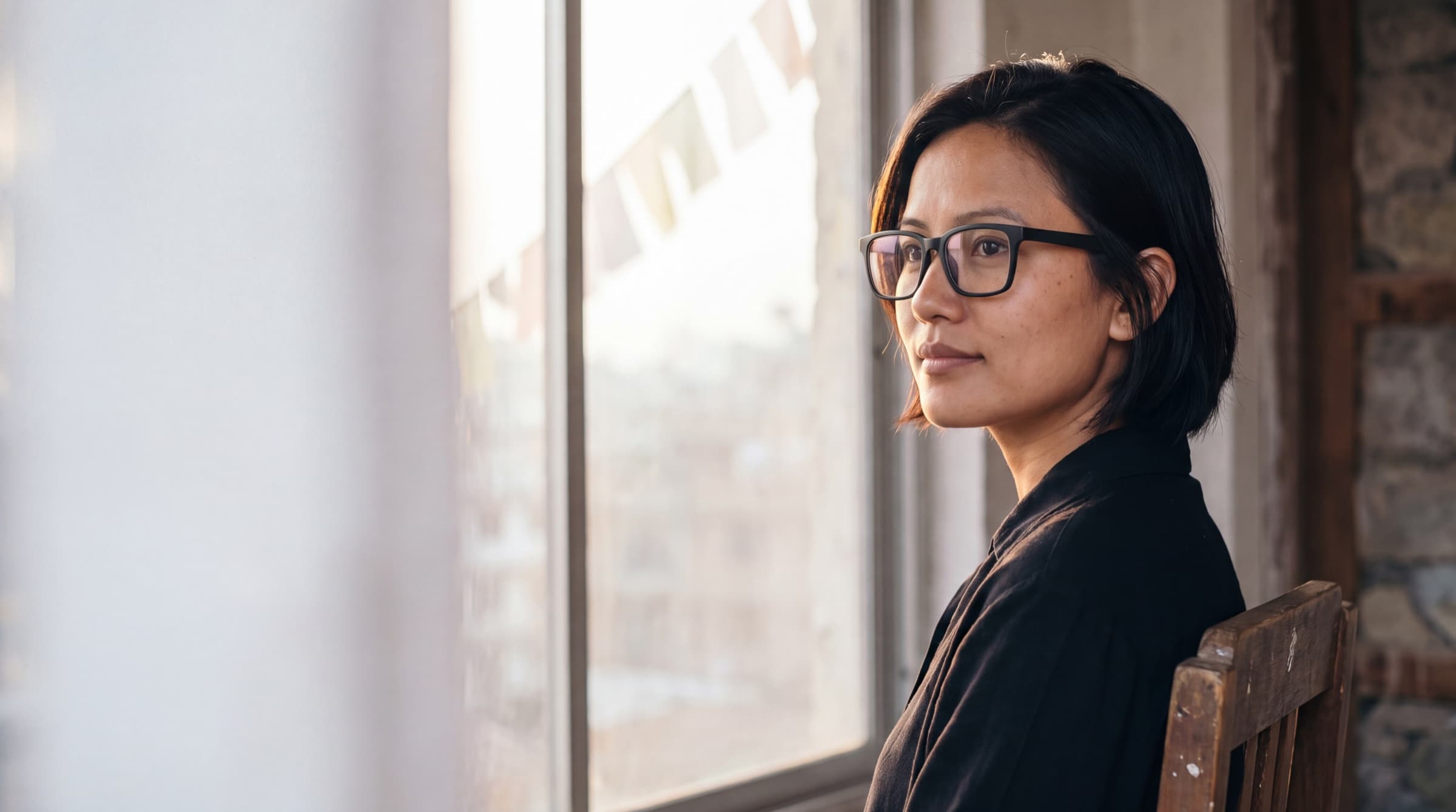 A woman in black rectangular glasses seated by a window in morning Kathmandu light, prayer flags outside