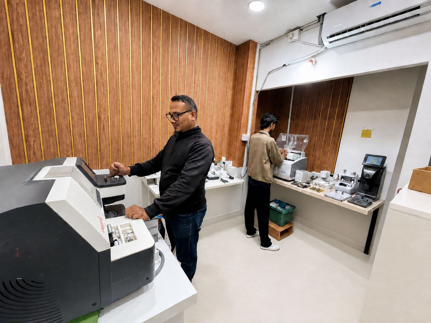Technicians at HighGaze Optics processing prescription lenses on edging and tracing machines