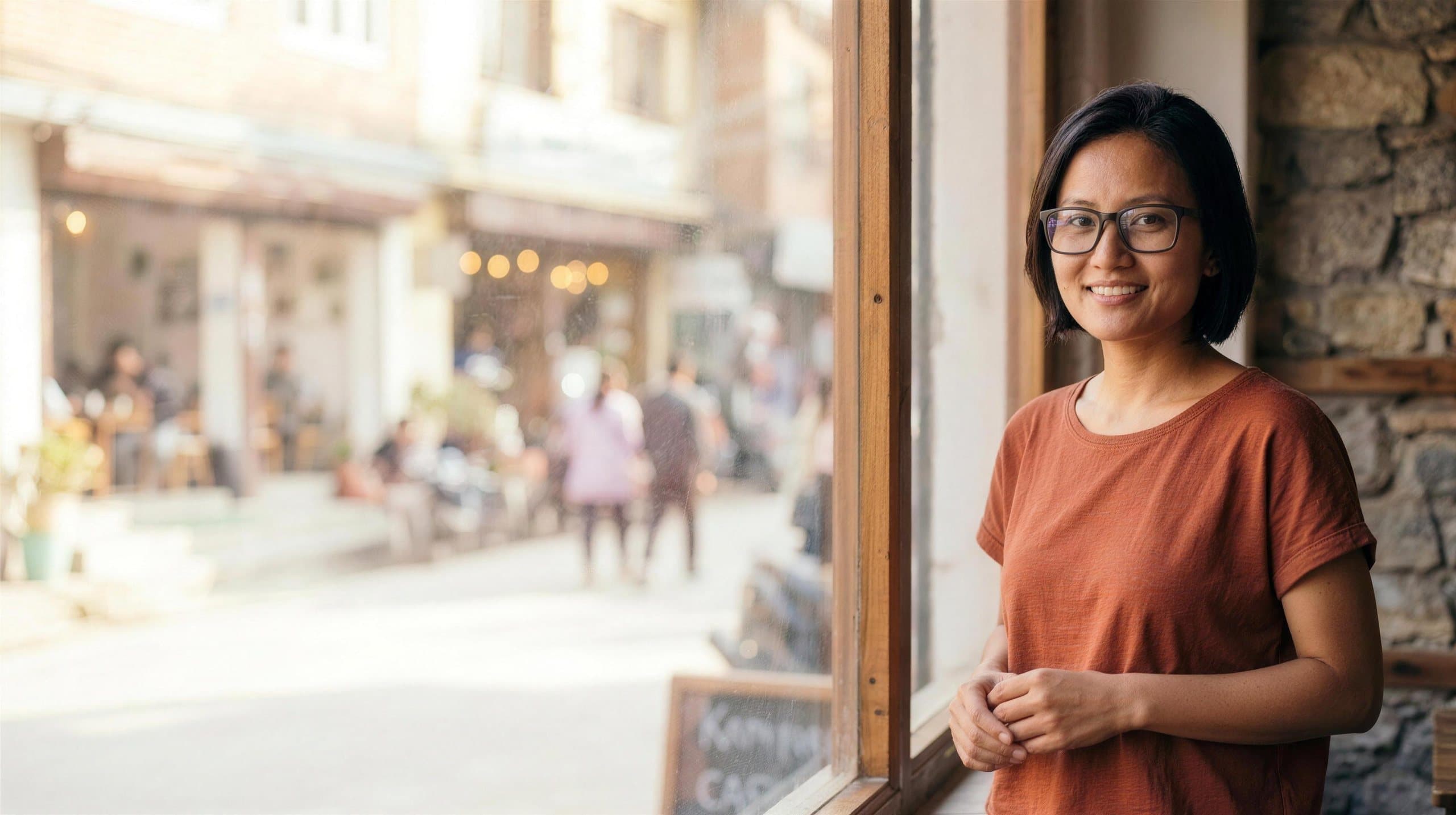 A woman in contemporary Elistro-style frames on a Kathmandu street in warm daylight