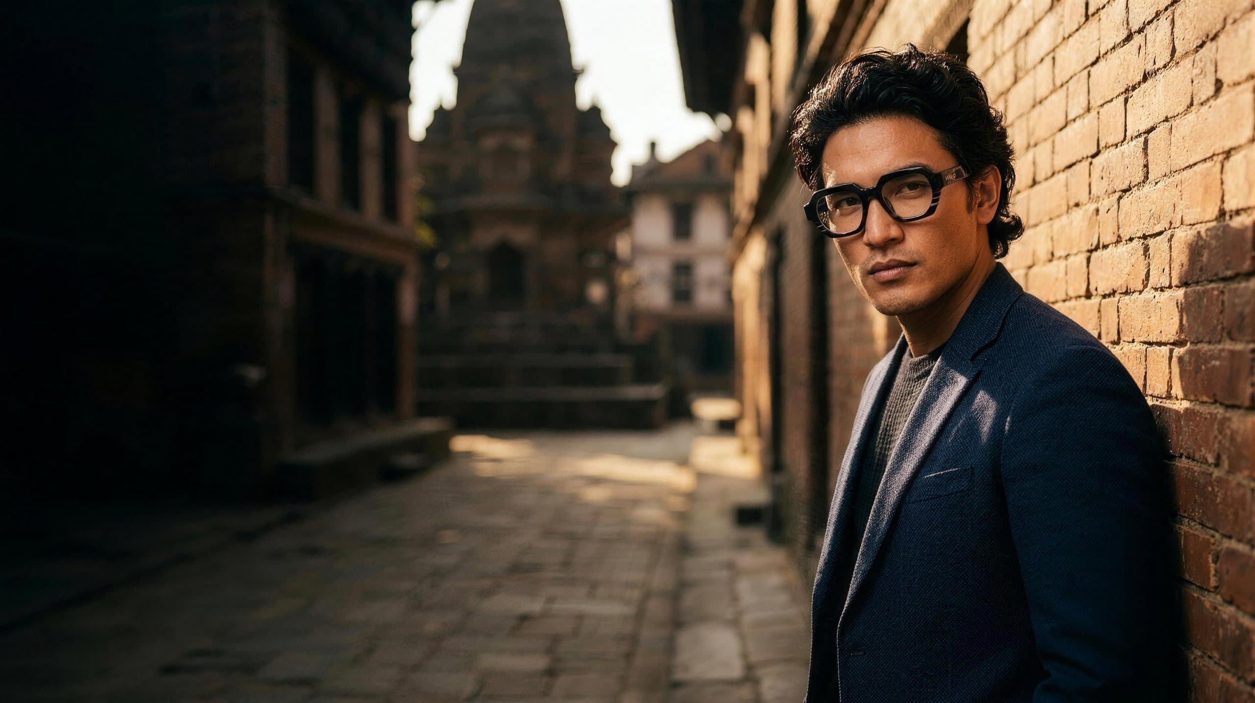 A man in bold, distinctive Irus-style frames in a Kathmandu heritage courtyard