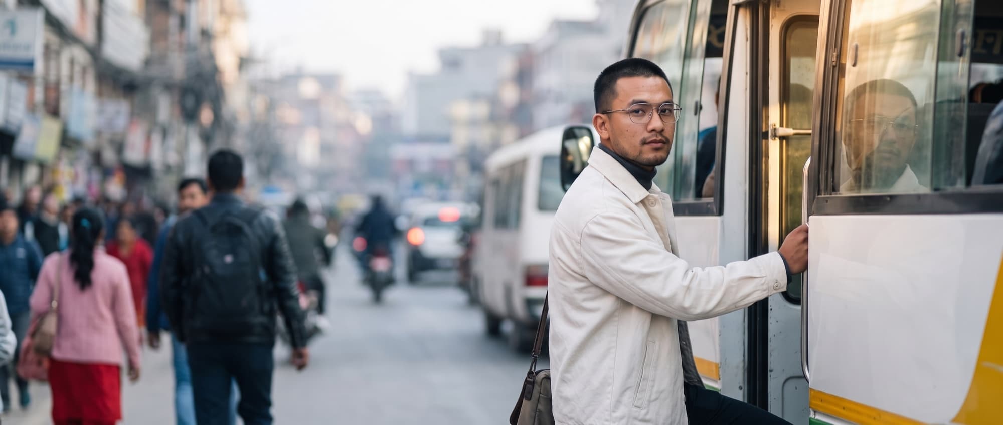 An everyday commuter in Kathmandu wearing thin Synchrony frames