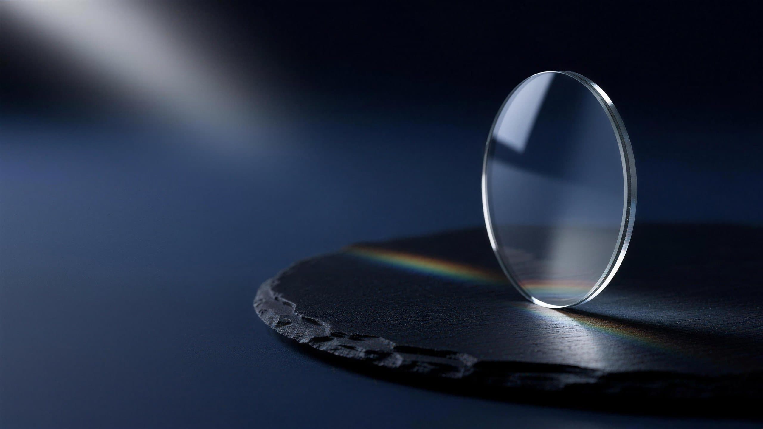 A ZEISS lens refracting a clean beam of light on dark slate