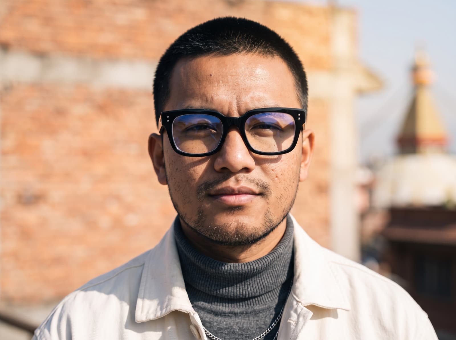 A man on a sunny Kathmandu rooftop, clear lenses with a faint UV-blue edge