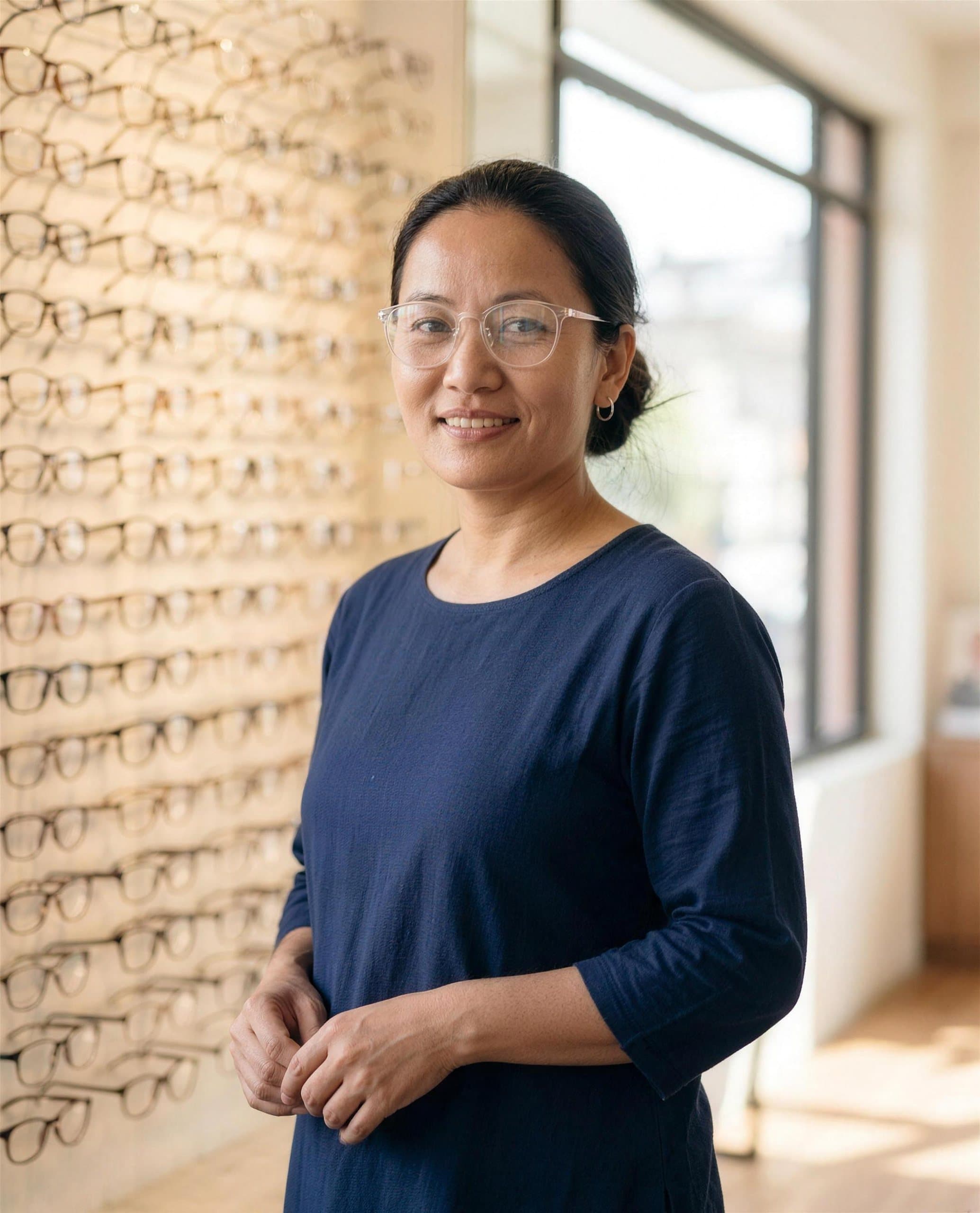 An optical professional in a bright HighGaze partner showroom in Kathmandu