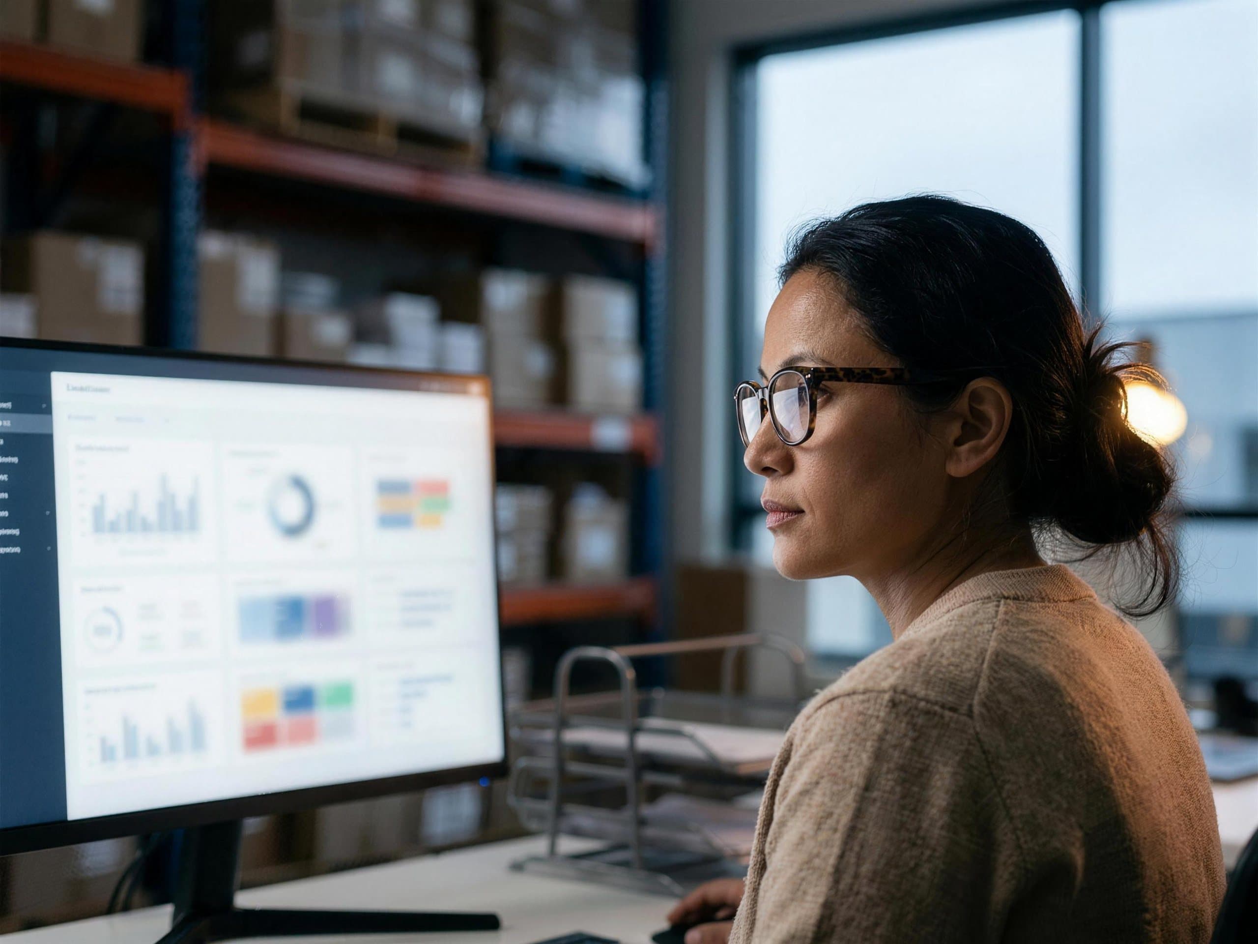 A Nepali operations manager at a monitor of soft dashboard shapes, warehouse shelving behind