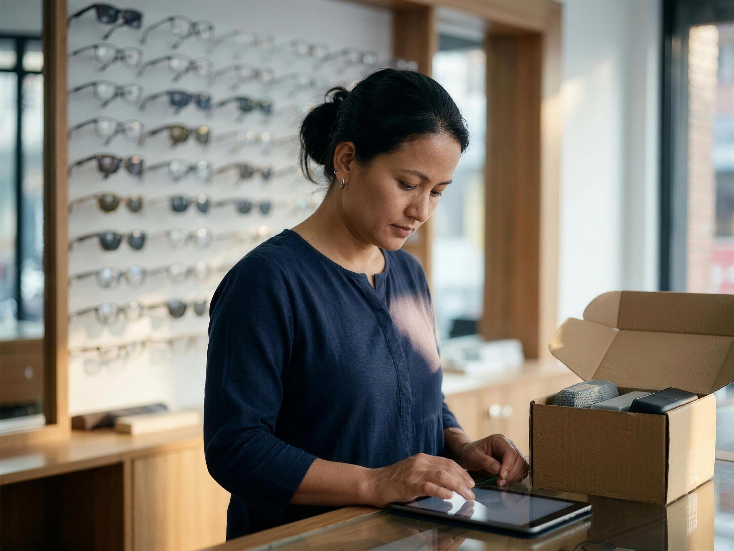 An optical-counter owner tapping a tablet at her shop, frame display wall behind, a courier box on the counter