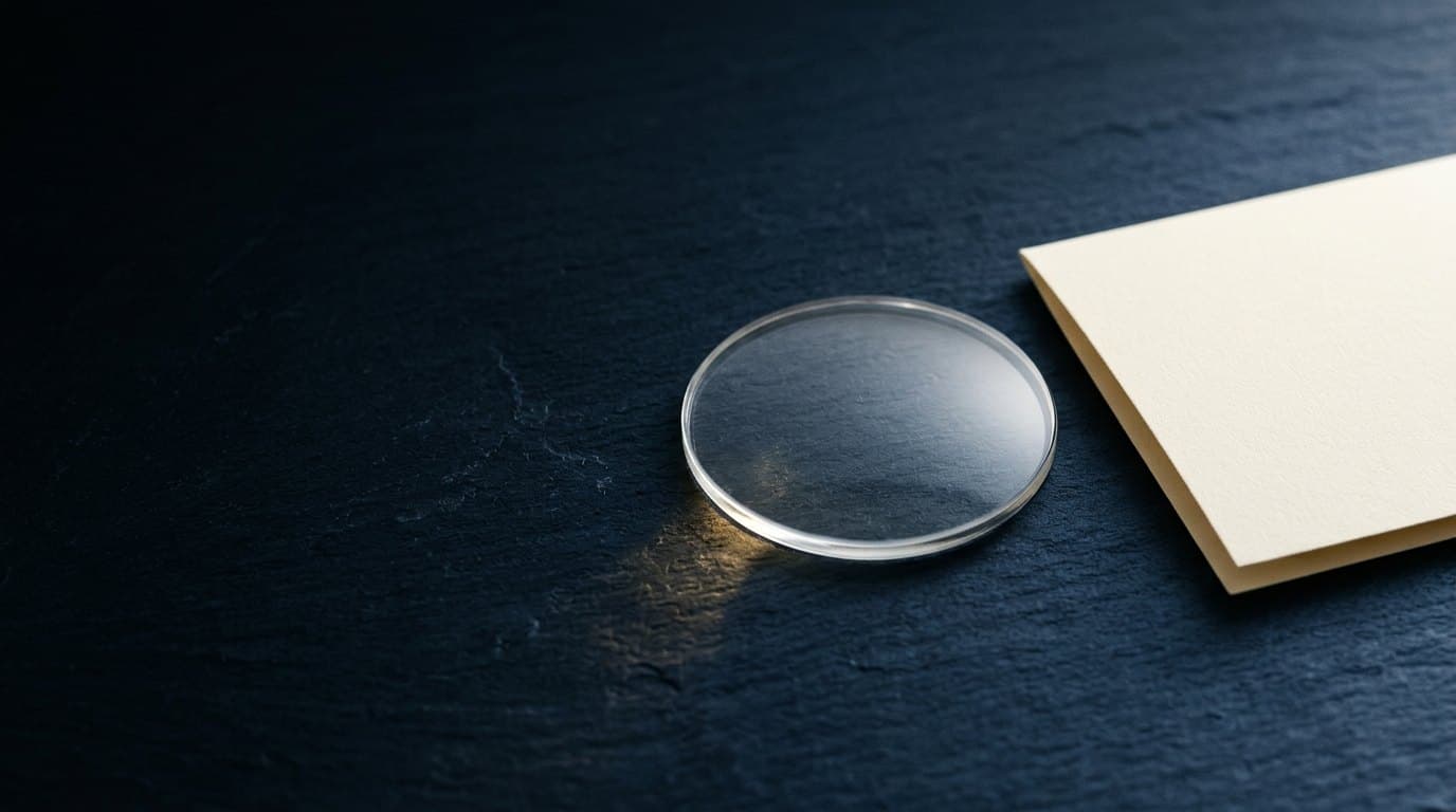 A clear lens beside a plain card on dark slate