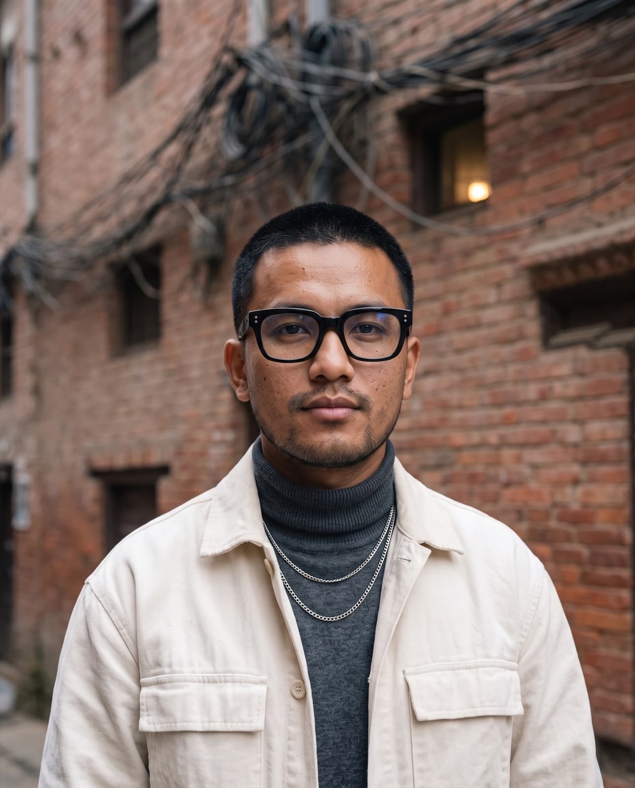 A young man in bold black acetate glasses on a Kathmandu street