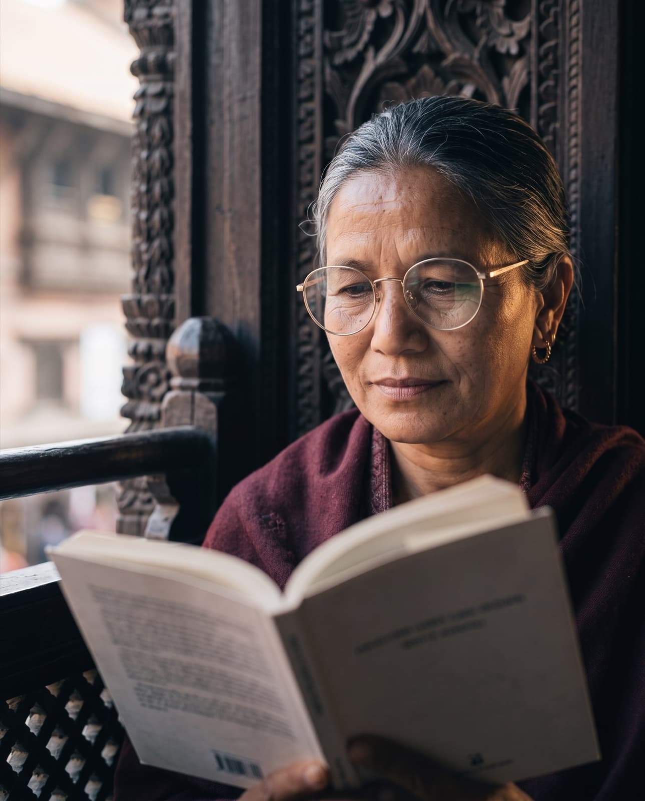 A woman in thin gold-tone glasses reading by a carved Newar window
