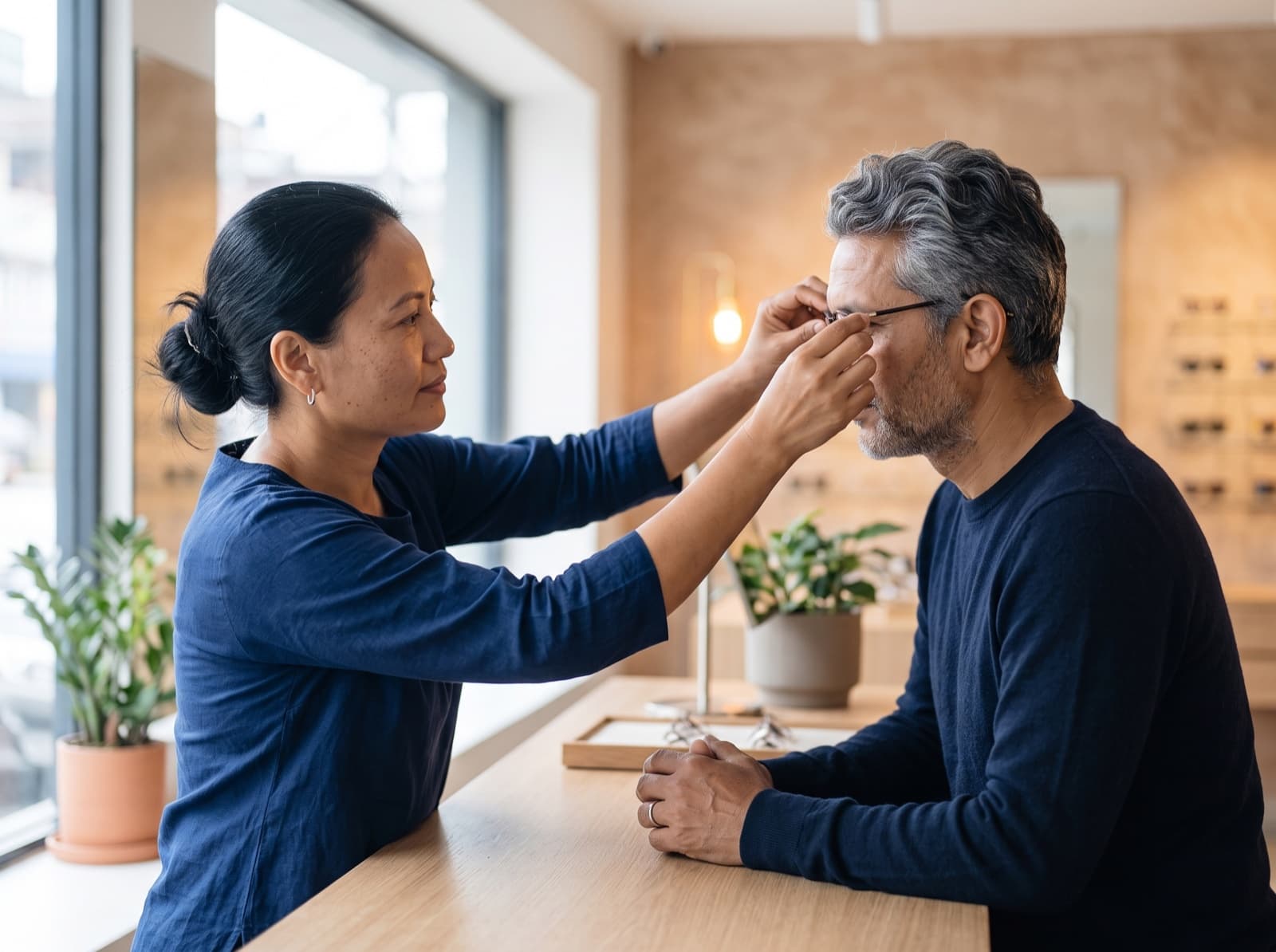 A HighGaze partner-store optician fitting eyeglasses to a customer at the counter