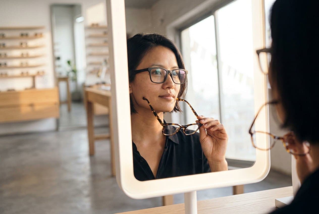A woman holding a pair of frames up to a mirror to see how the shape suits her