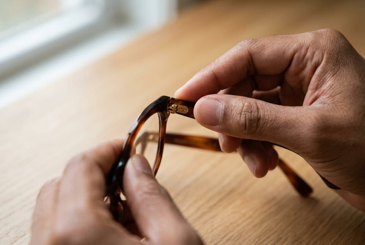 Close-up of hands inspecting the temple arm of a pair of glasses