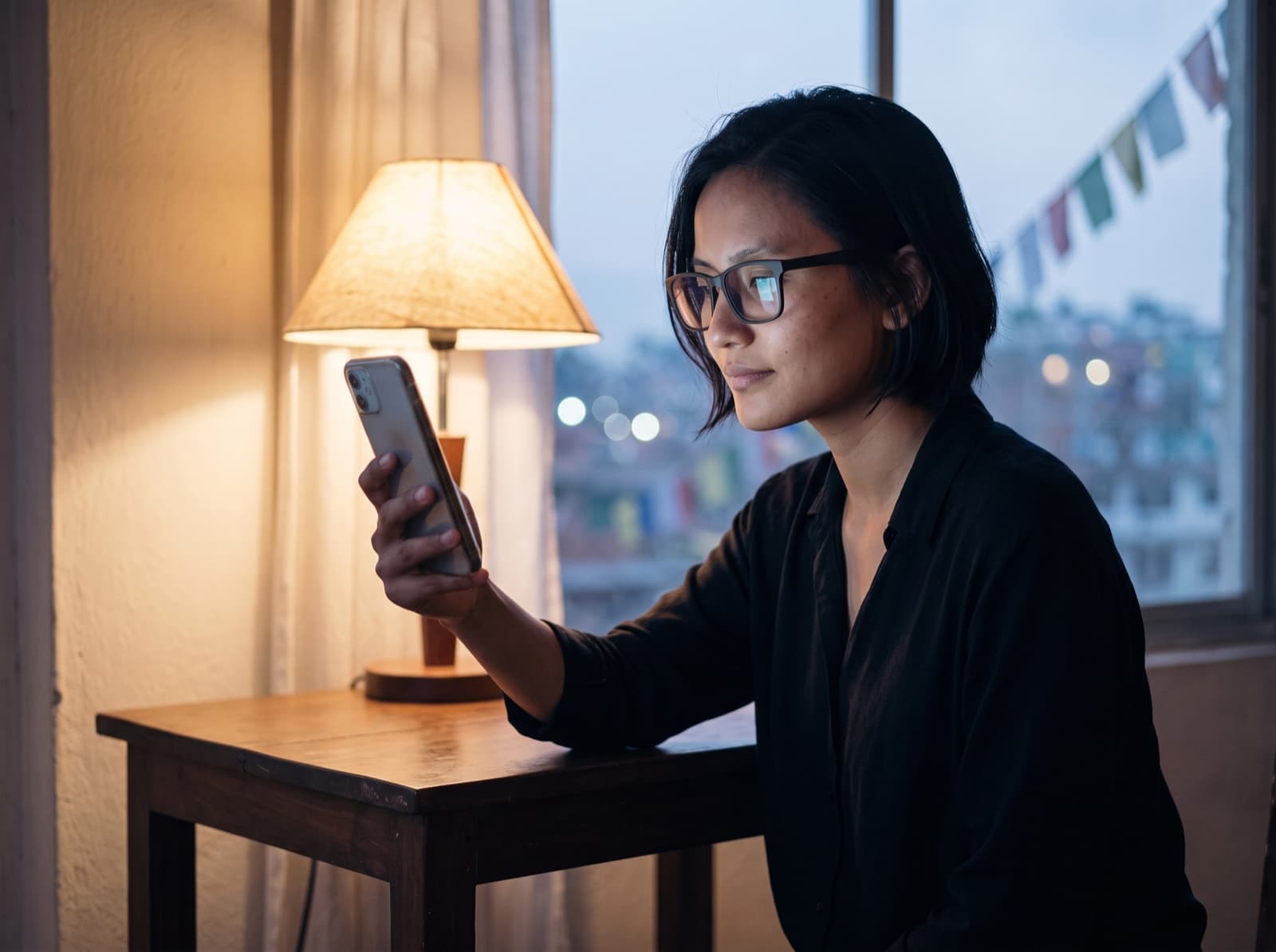 A woman in glasses reading her phone by lamplight at dusk in Kathmandu