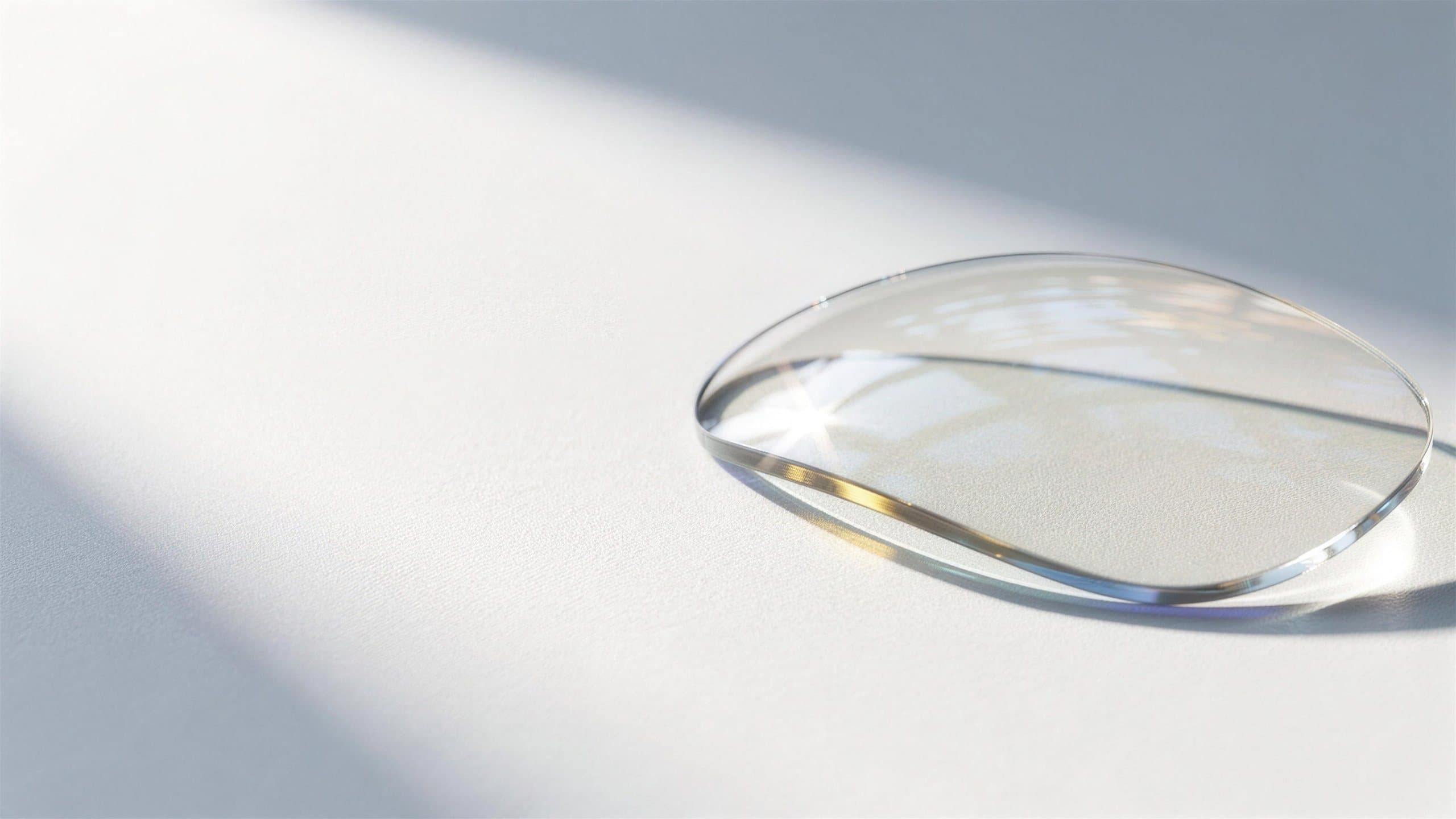 A clear CLIFF lens resting on grey linen in soft window light