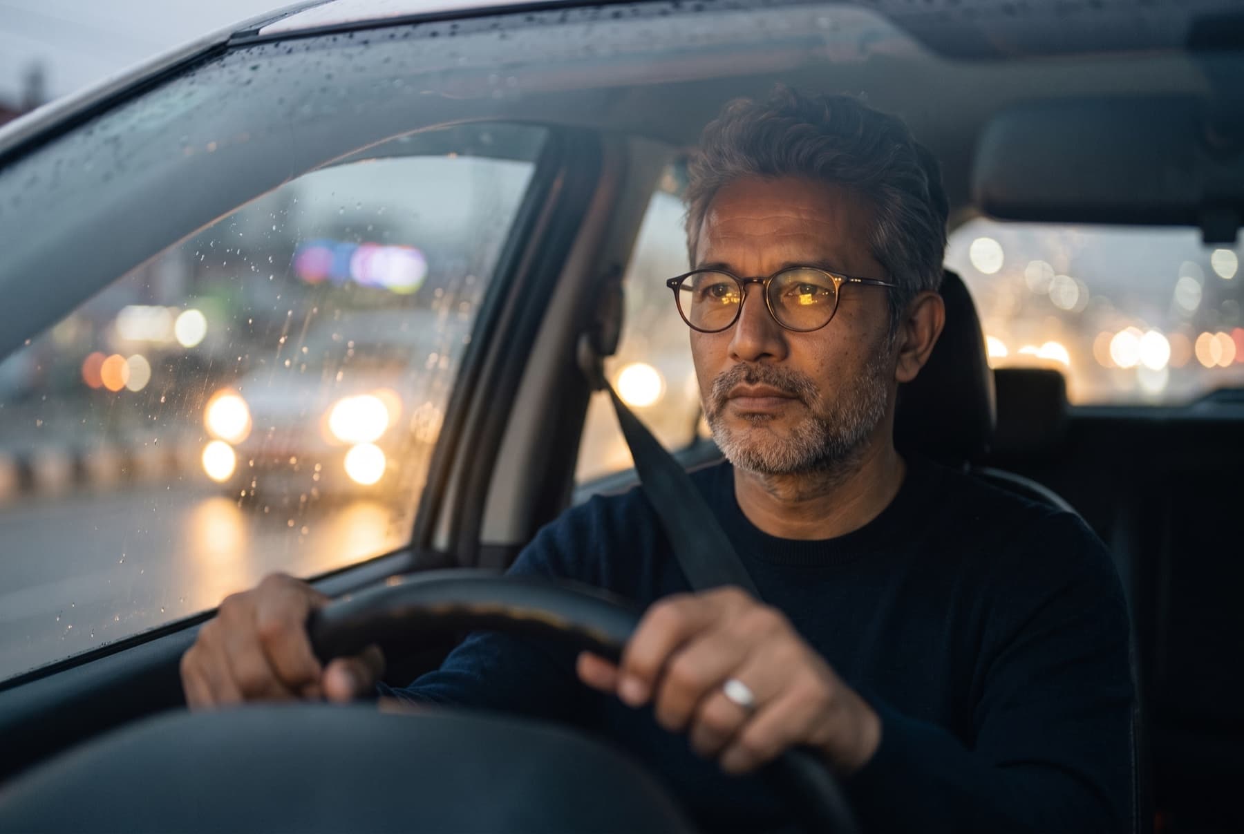 Lifestyle image for ZEISS DriveSafe Sport: driving lenses cutting glare on a low-light road