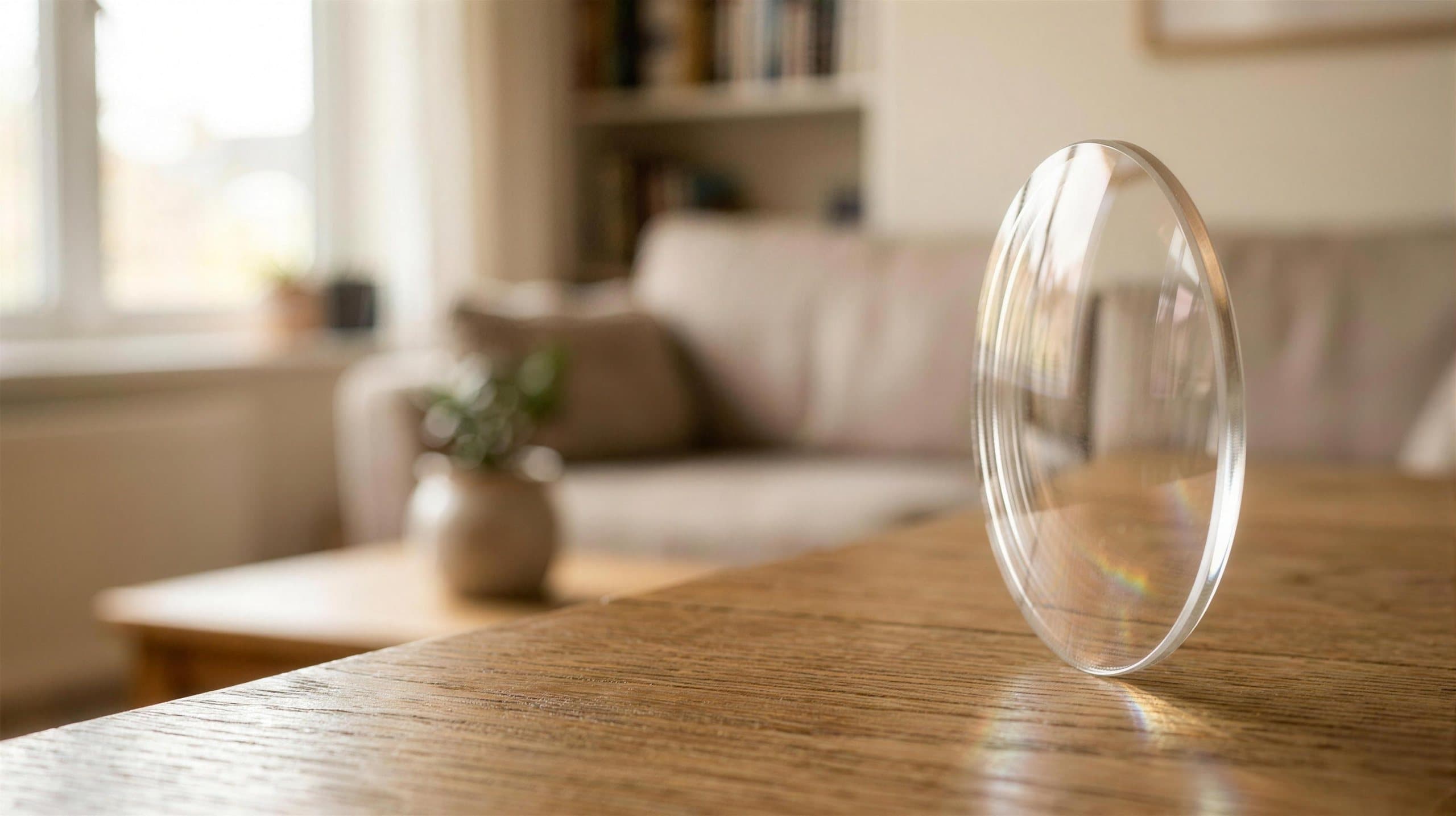 A clear SYNCHRONY lens resting on grey linen in soft window light