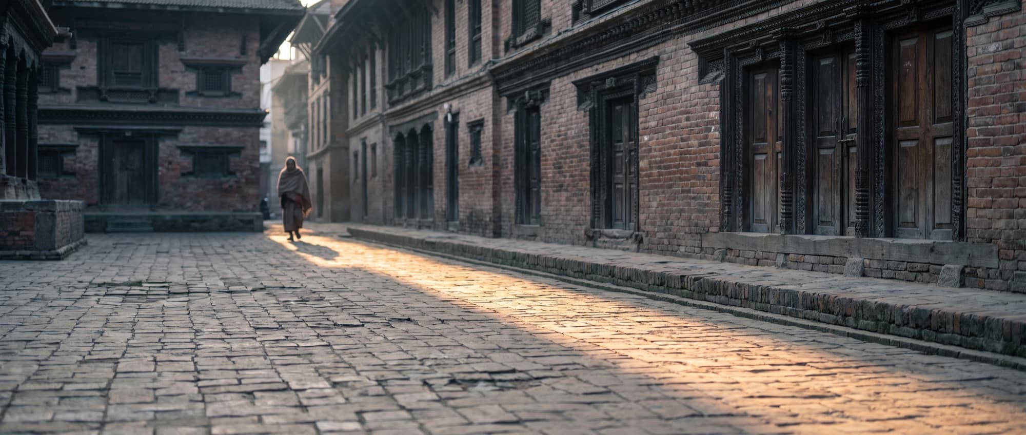 Morning light on a street in Lalitpur, Nepal