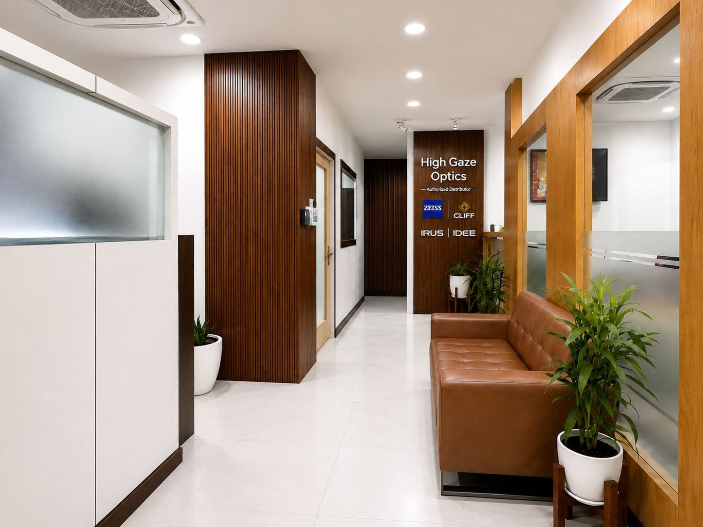 HighGaze Optics distribution office in Nepal — reception hallway with the authorized-distributor wall for ZEISS, CLIFF, IRUS and IDEE